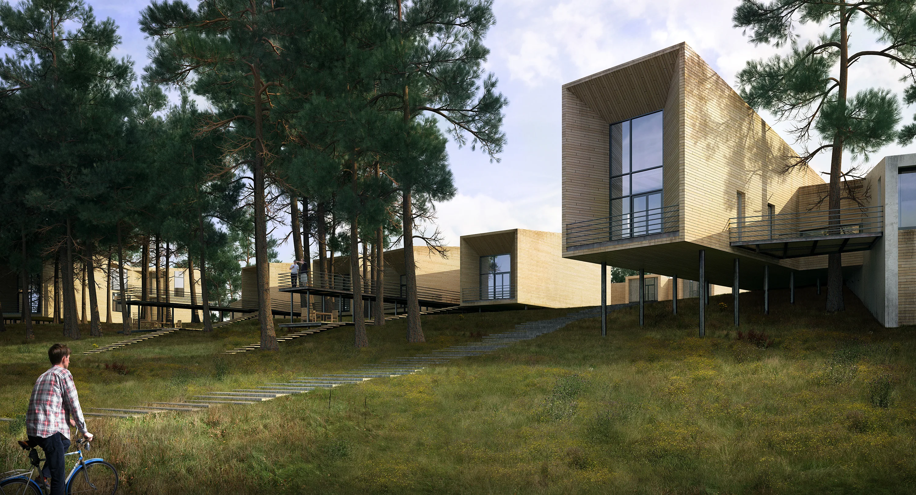 Pale timber Svechanka cabins cantilevered on stilts along a pine slope, with a cyclist on the path below.